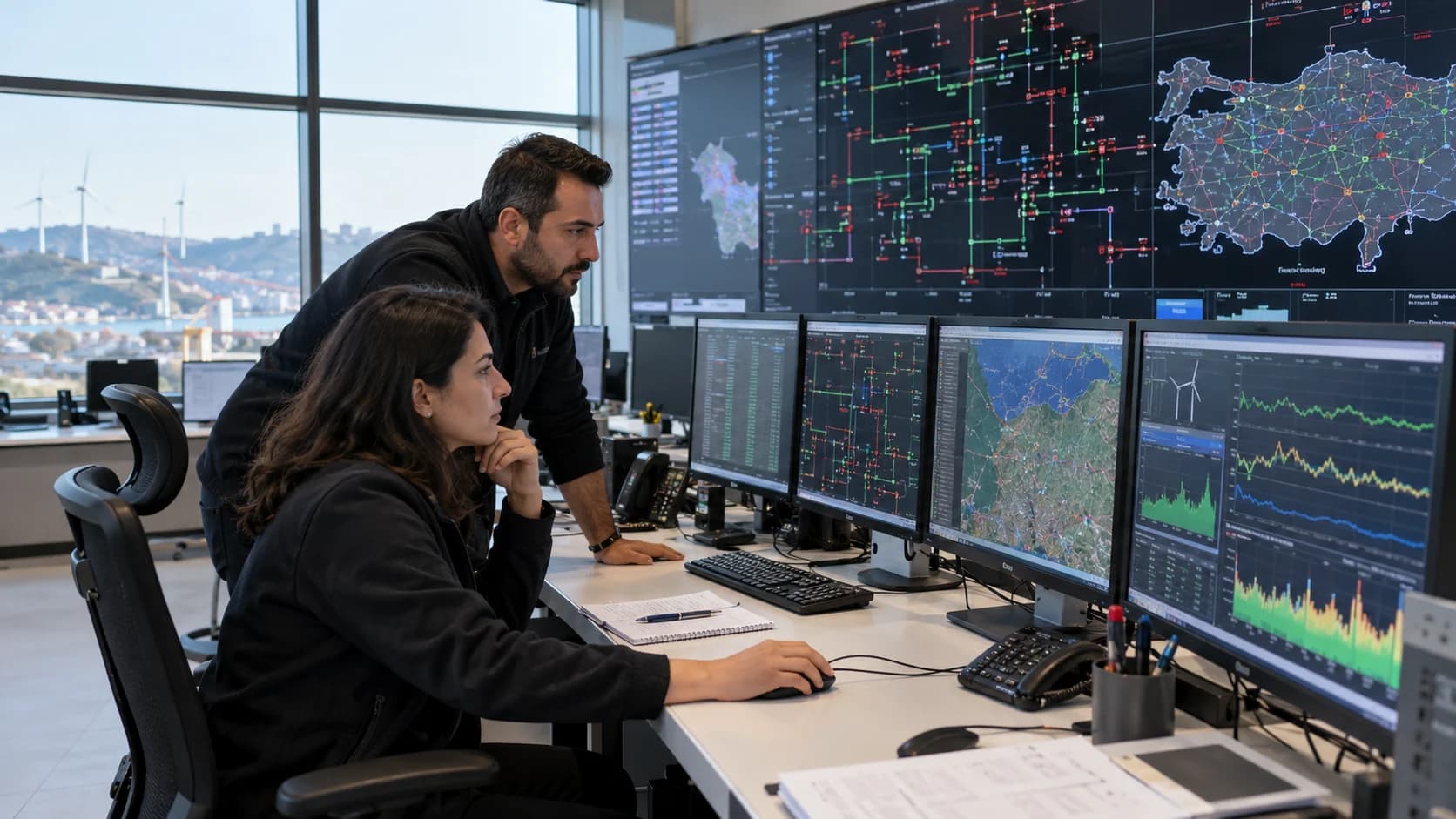 Energy operators reviewing grid measurements and trends in a control room
