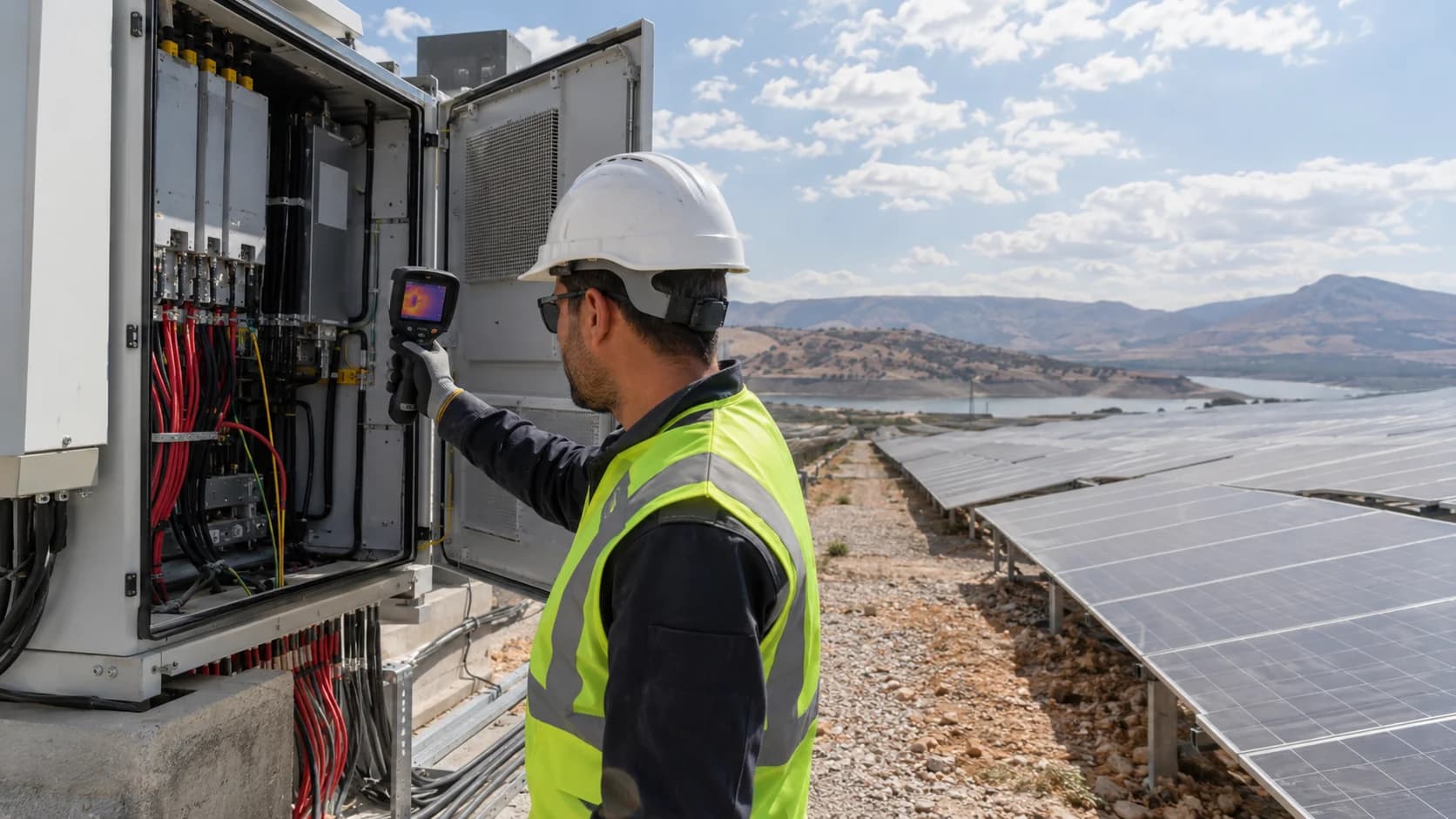 Technician inspecting a solar inverter with a thermal camera