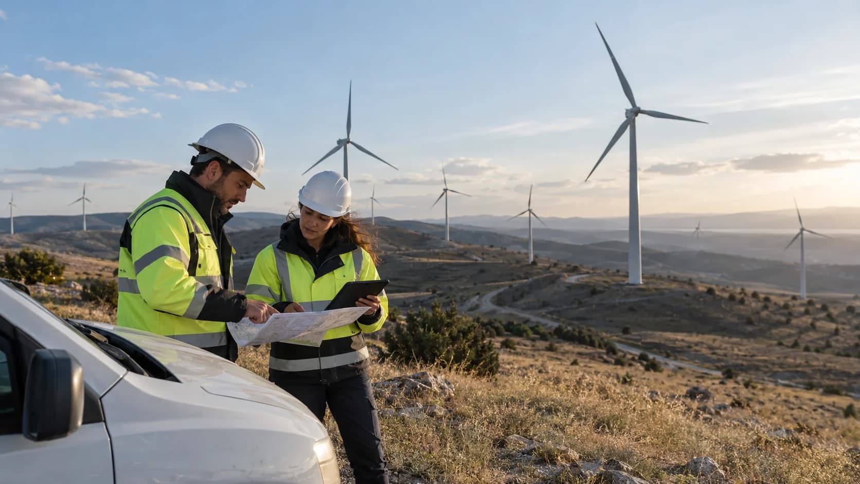 Wind farm engineers reviewing a site map and tablet